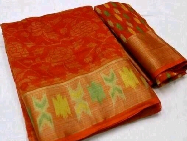 Brasso Cotton Saree With Big Border - Orange, Free Size, Cotton, Print, Pack of1